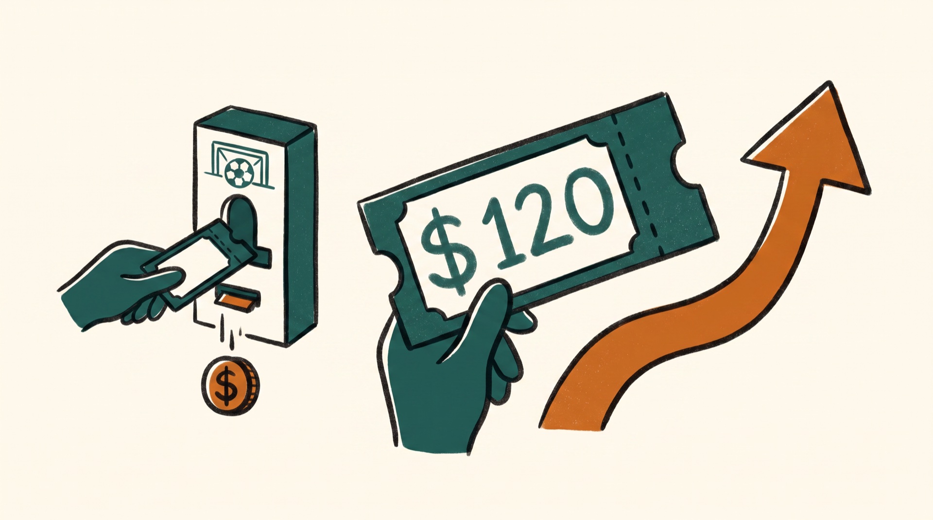 Ilustración: una entrada de estadio a 120 dólares con una flecha de precio disparándose hacia arriba y una plataforma oficial de reventa quedándose con una moneda.