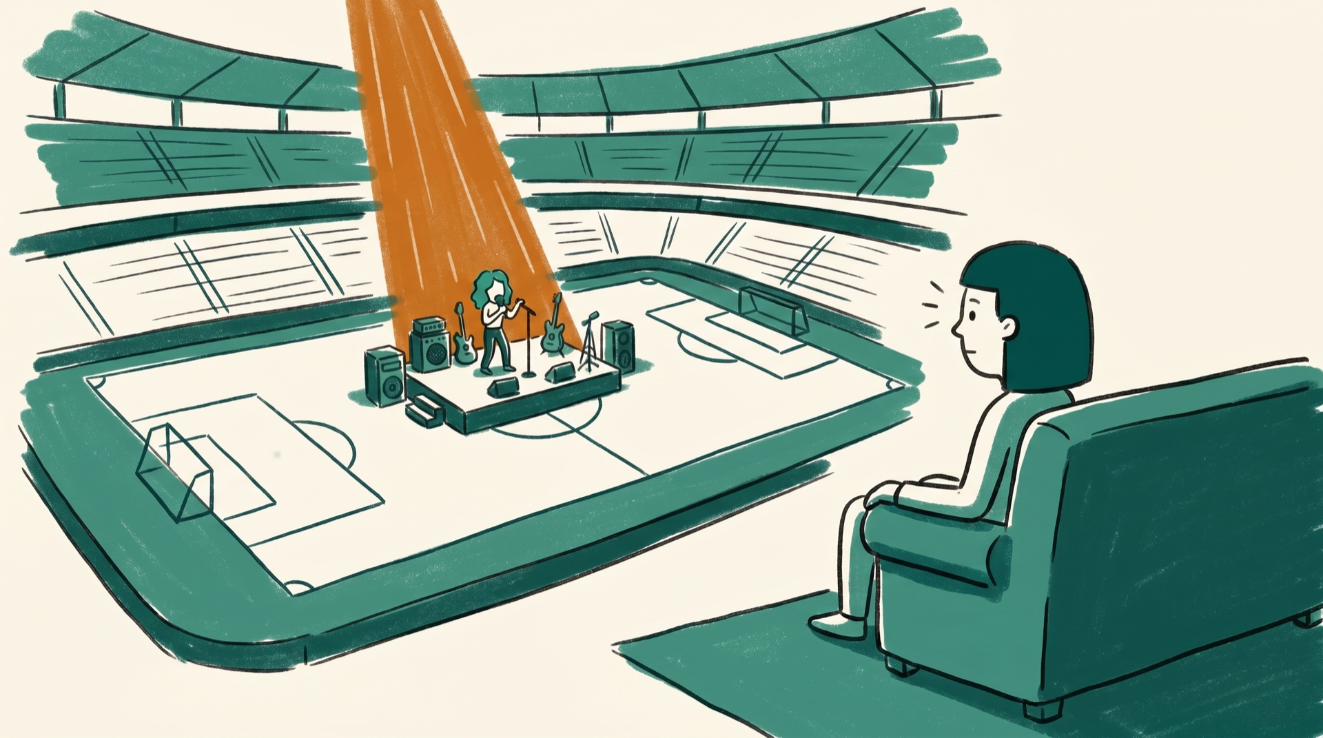 Ilustración: un escenario con reflector en medio del estadio y una persona en un sillón girando la cabeza hacia el show de medio tiempo.